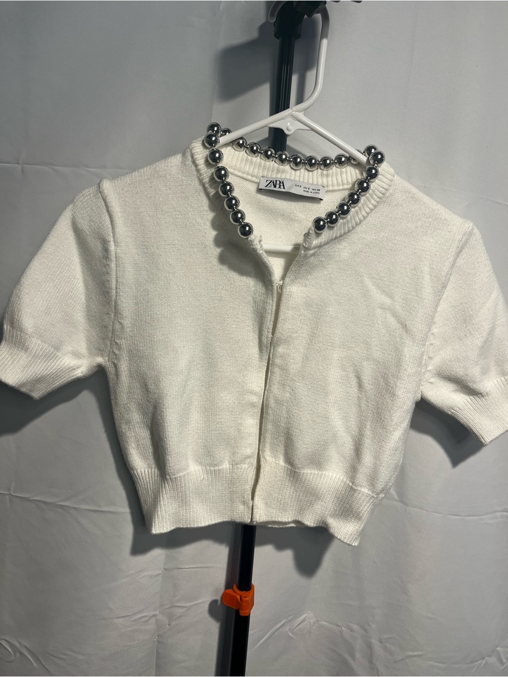 Zara White Short Sleeve w/ Silver oversized metallic silver Beaded Neck Cardigan - Picture 8 of 10